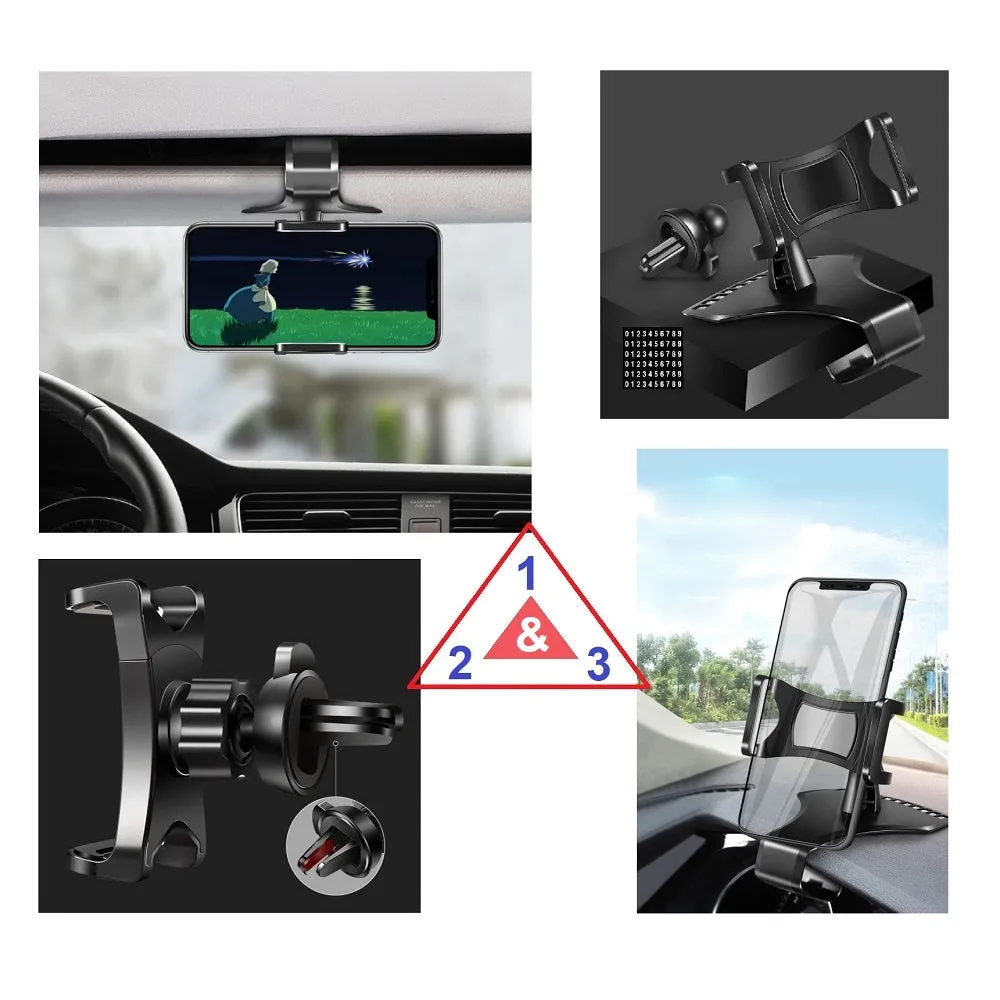 3 in 1 Car GPS Smartphone Holder: Dashboard / Visor Clamp   AC Grid Clip for Sharp Aquos P1 / P1X (2016) - Black