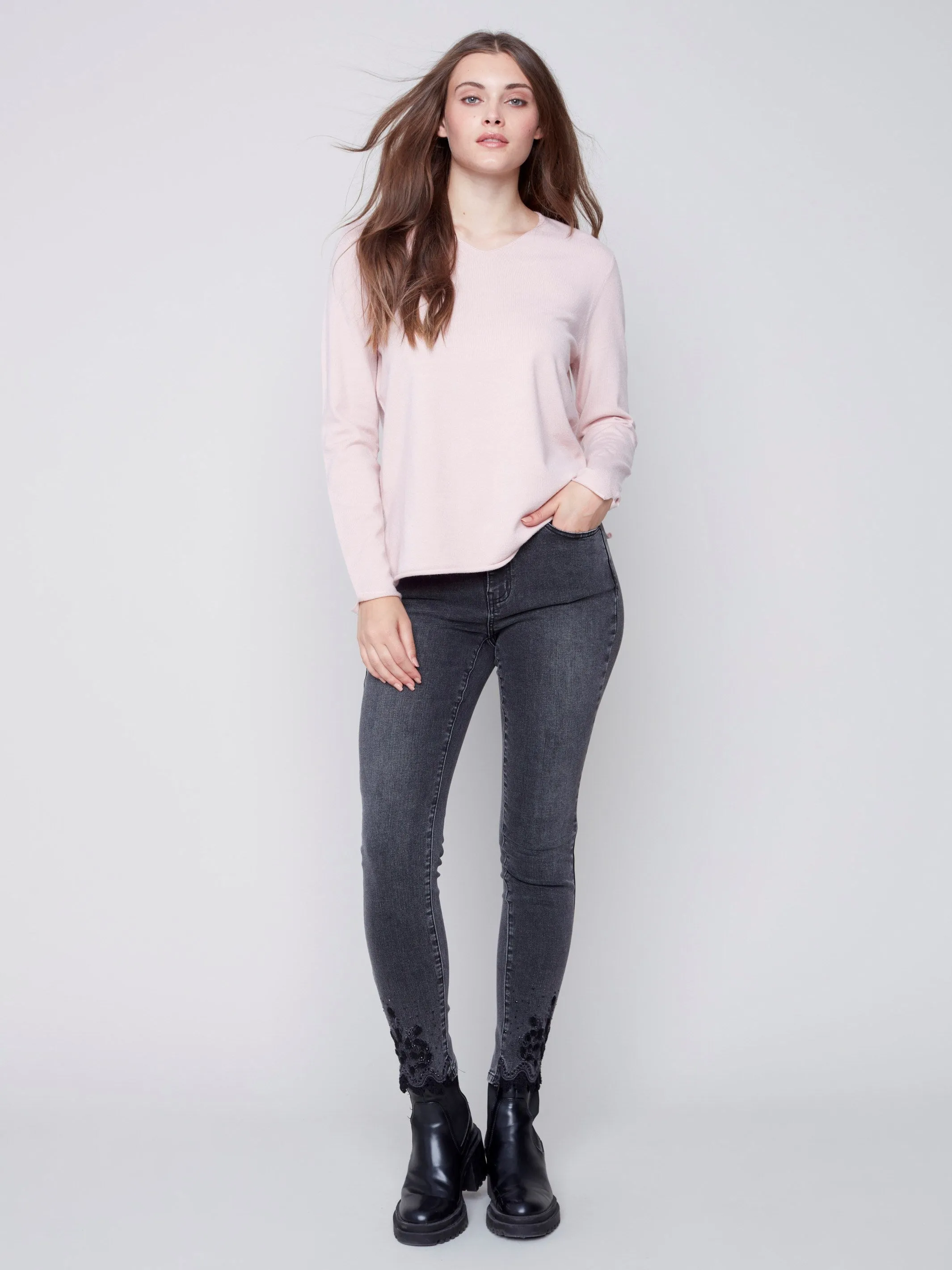 Basic V-Neck Sweater - Powder