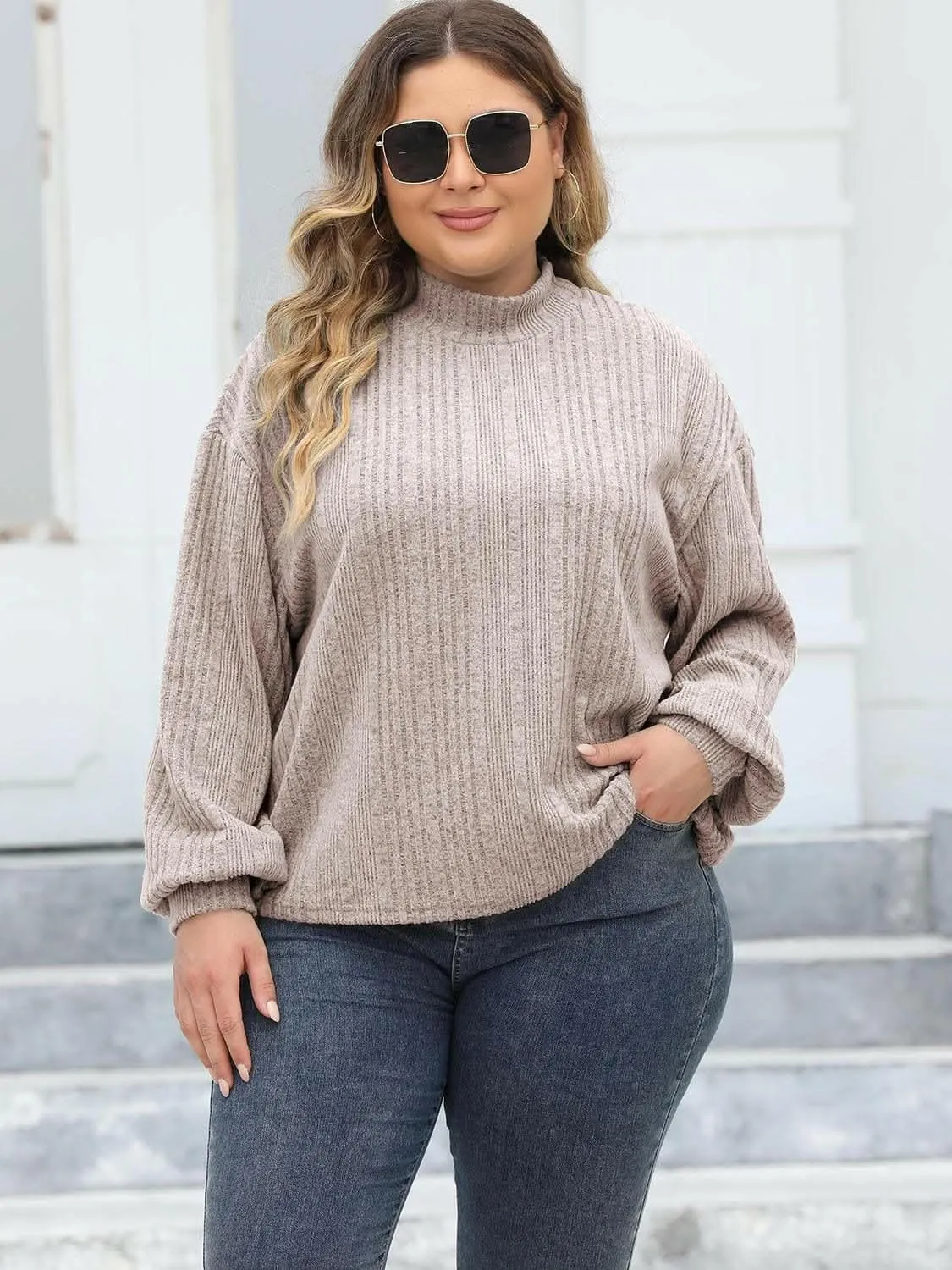Cozy plus size ribbed mock neck top