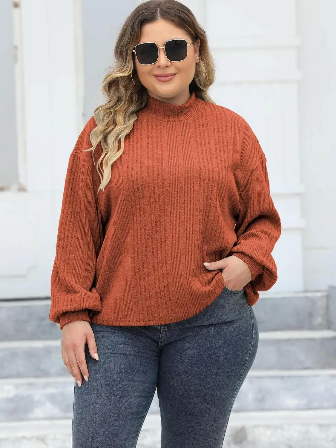 Cozy plus size ribbed mock neck top