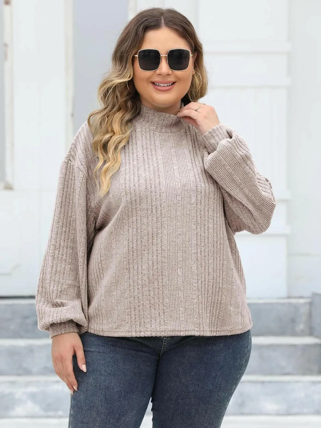 Cozy plus size ribbed mock neck top