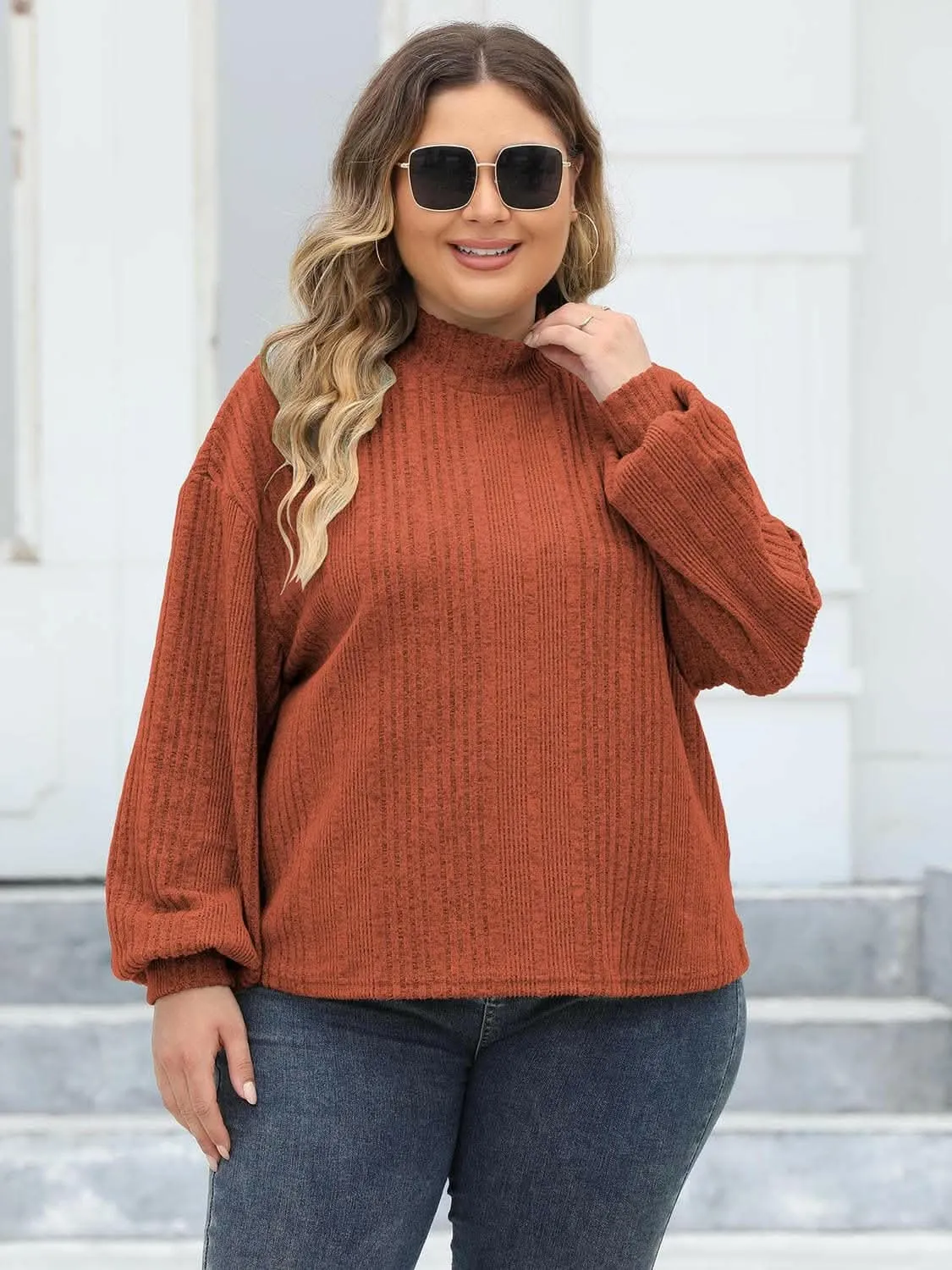 Cozy plus size ribbed mock neck top