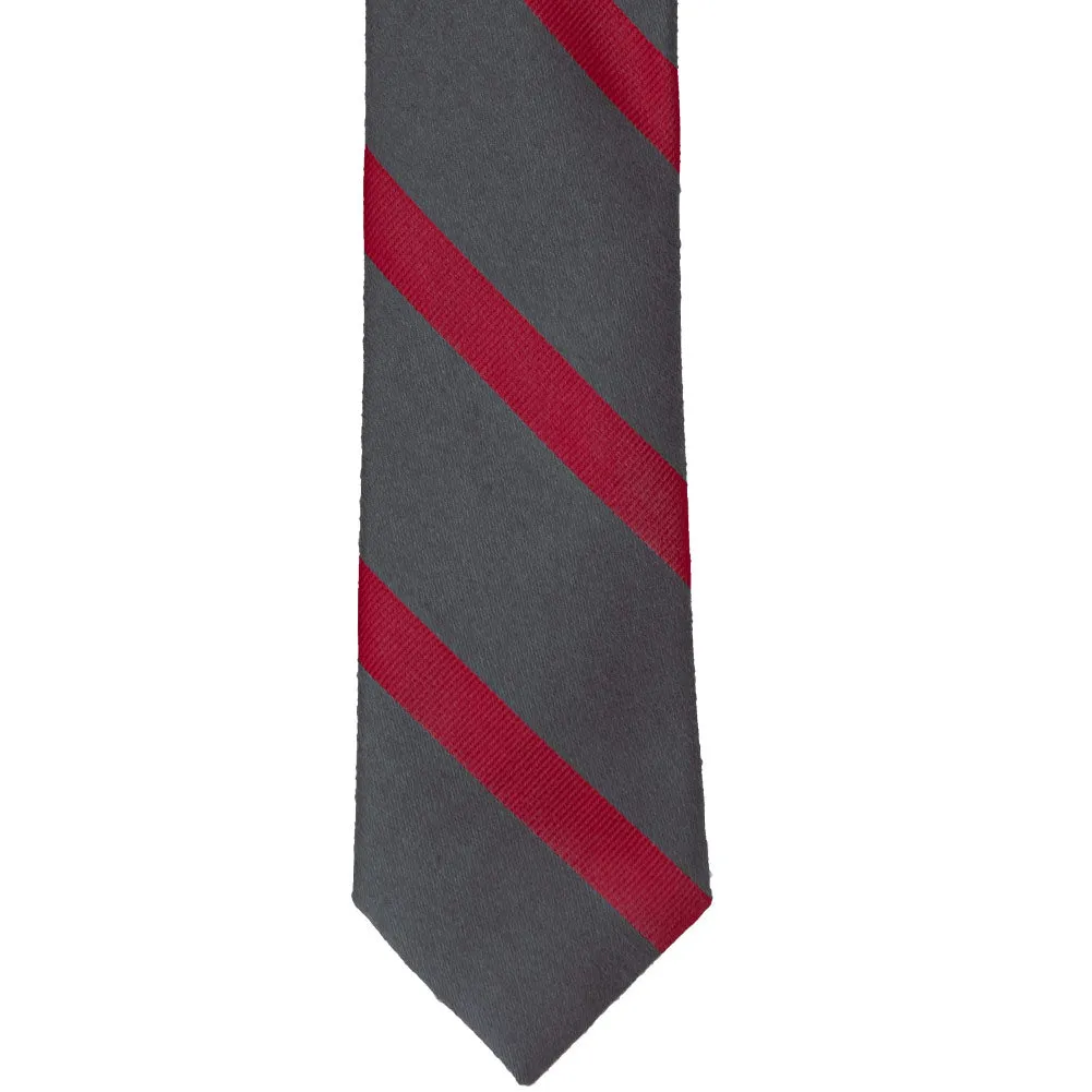 Dark Gray and Red Striped Cotton/Silk Slim Necktie, 2.5" Width