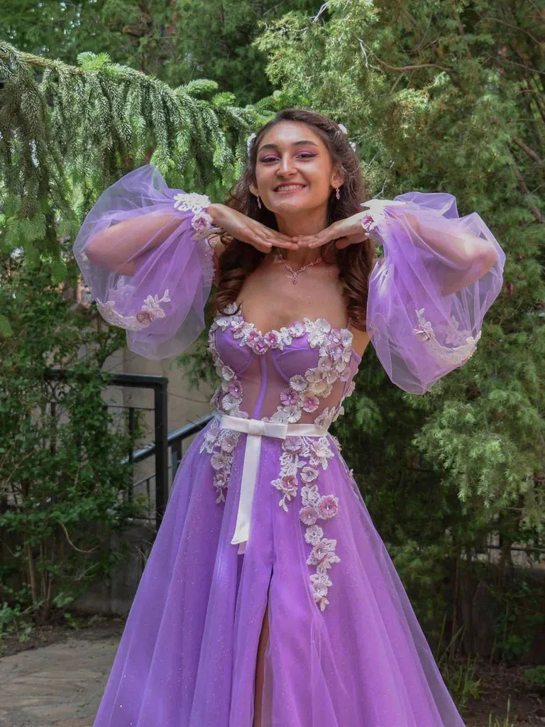 Formal Women's Dresses Gorgeous Floral Tulle A-line Long Sleeves Prom Dresses Gowns / Prom Dress Shop