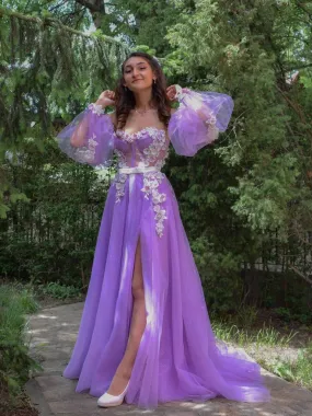 Formal Women's Dresses Gorgeous Floral Tulle A-line Long Sleeves Prom Dresses Gowns / Prom Dress Shop