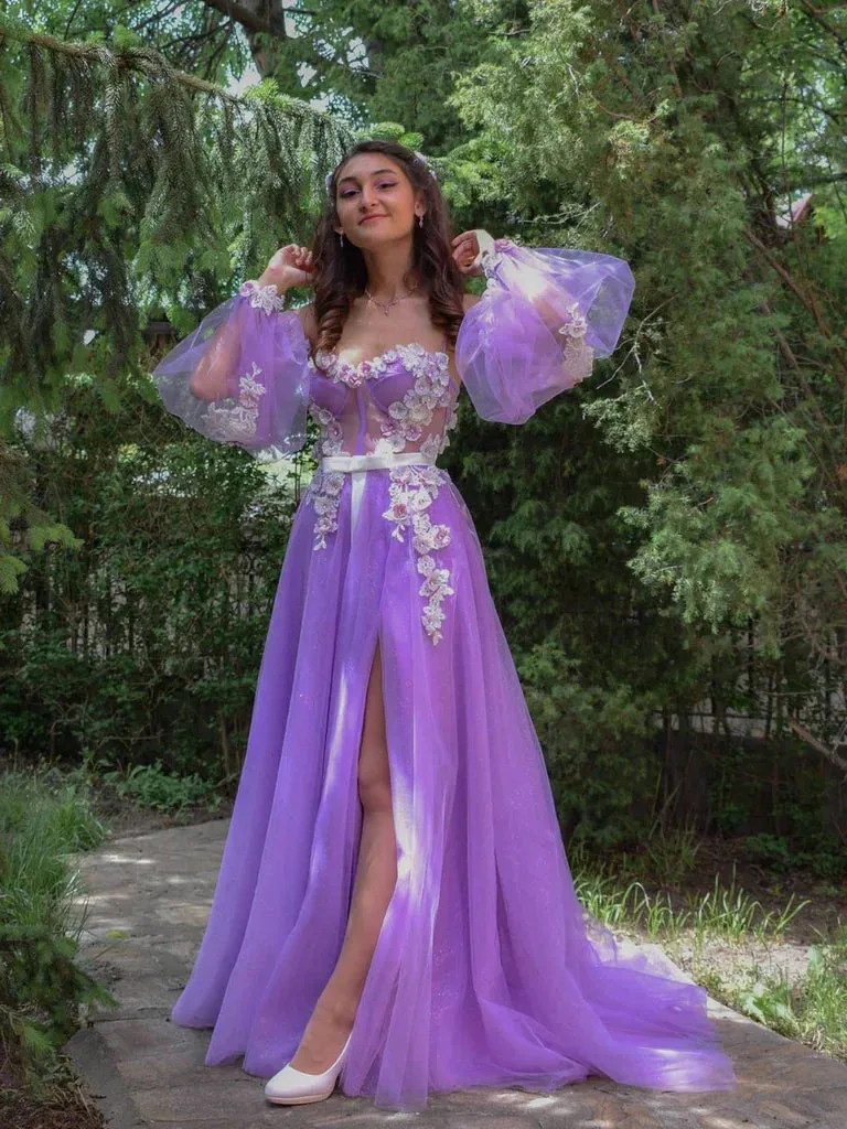 Formal Women's Dresses Gorgeous Floral Tulle A-line Long Sleeves Prom Dresses Gowns / Prom Dress Shop