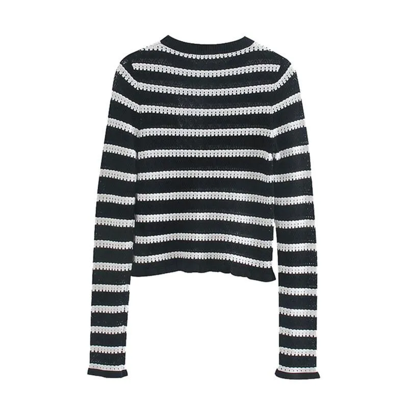 HOLLOW OUT STRIPED CROPPED KNITTED SWEATER