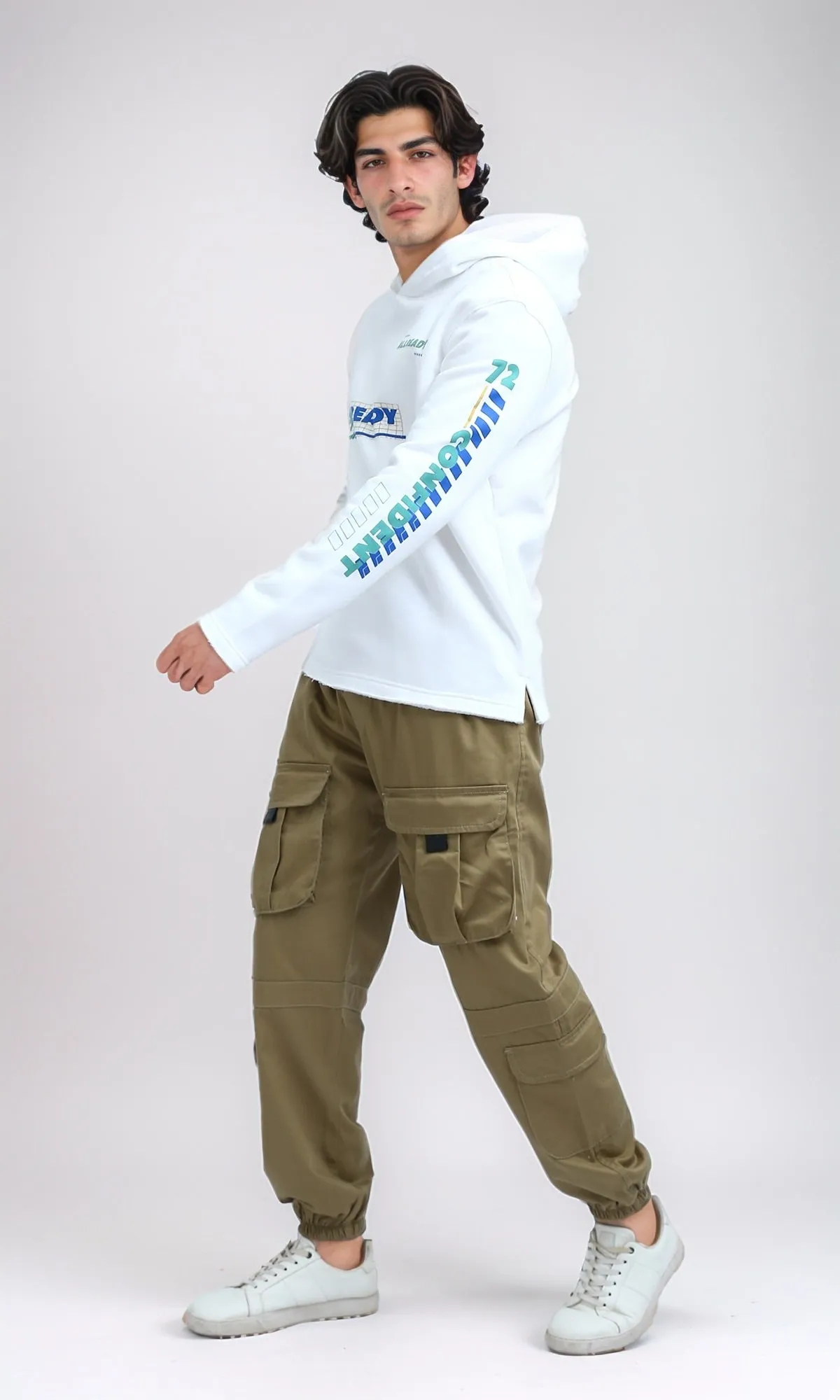 O200029 - Winter Printed ''Ready'' Off-White Hoodie With Long Sleeves