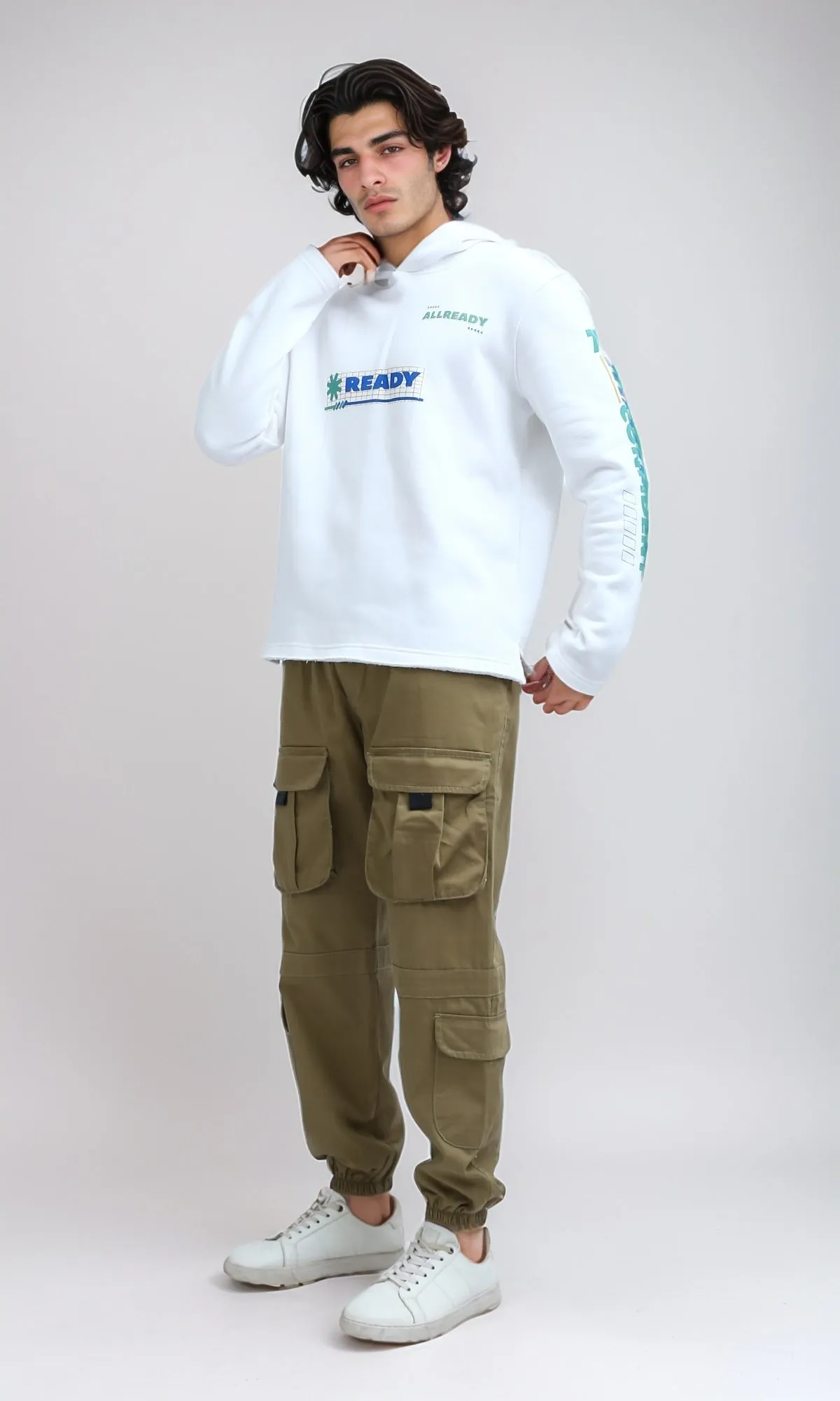 O200029 - Winter Printed ''Ready'' Off-White Hoodie With Long Sleeves
