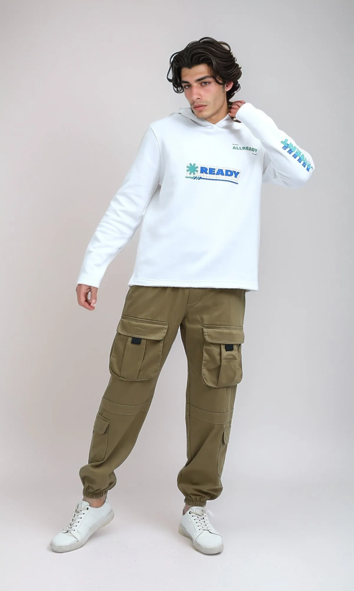O200029 - Winter Printed ''Ready'' Off-White Hoodie With Long Sleeves