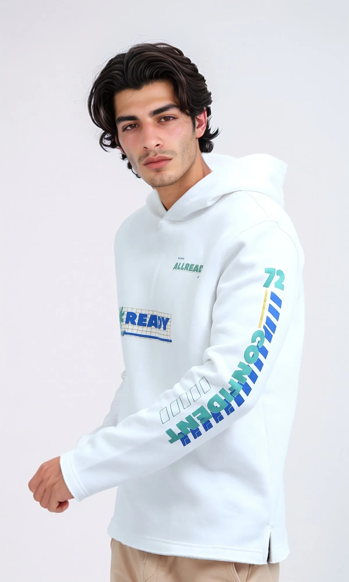 O200029 - Winter Printed ''Ready'' Off-White Hoodie With Long Sleeves