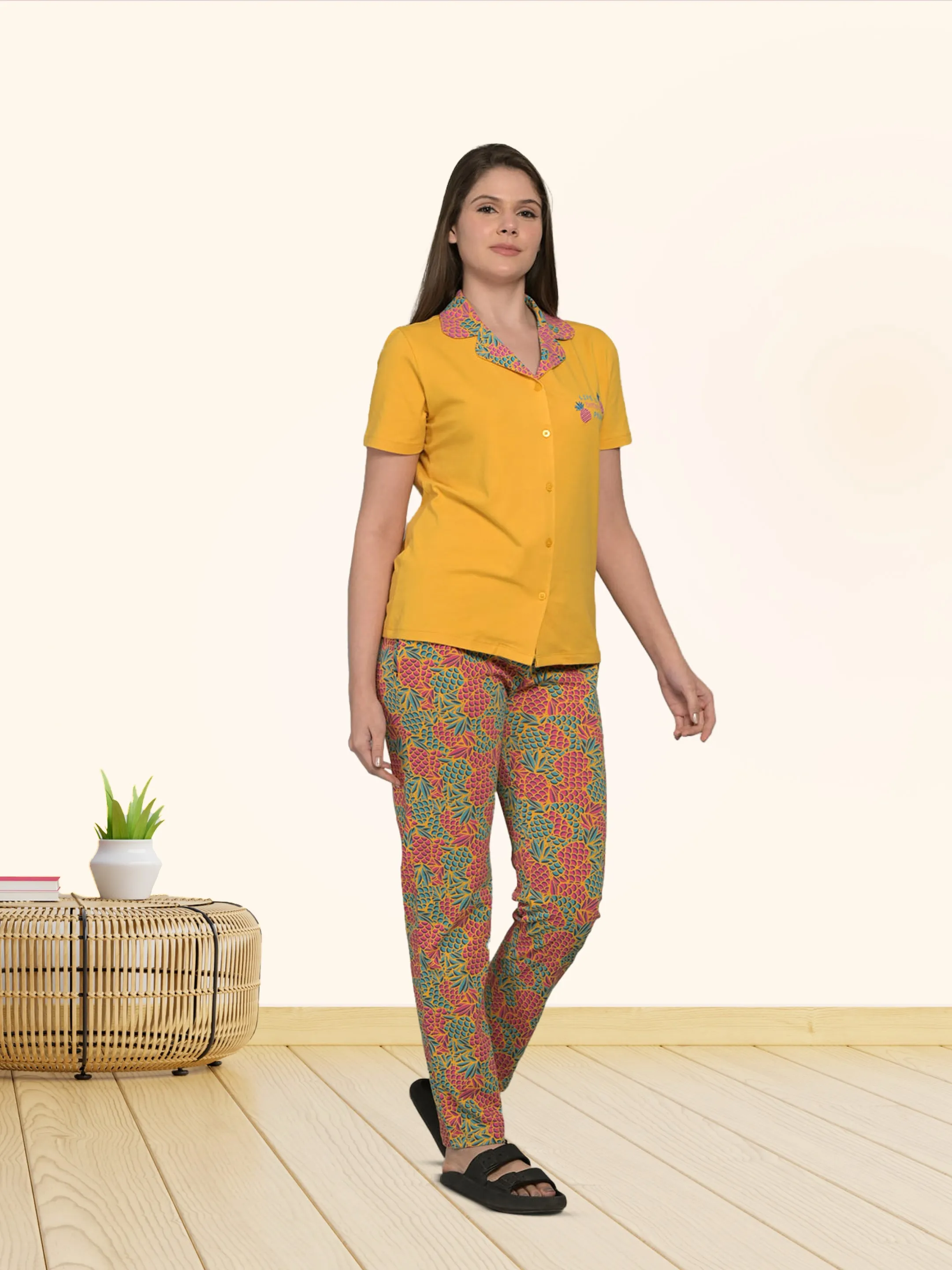 Orange Solid Cotton Top & Pyjama Set