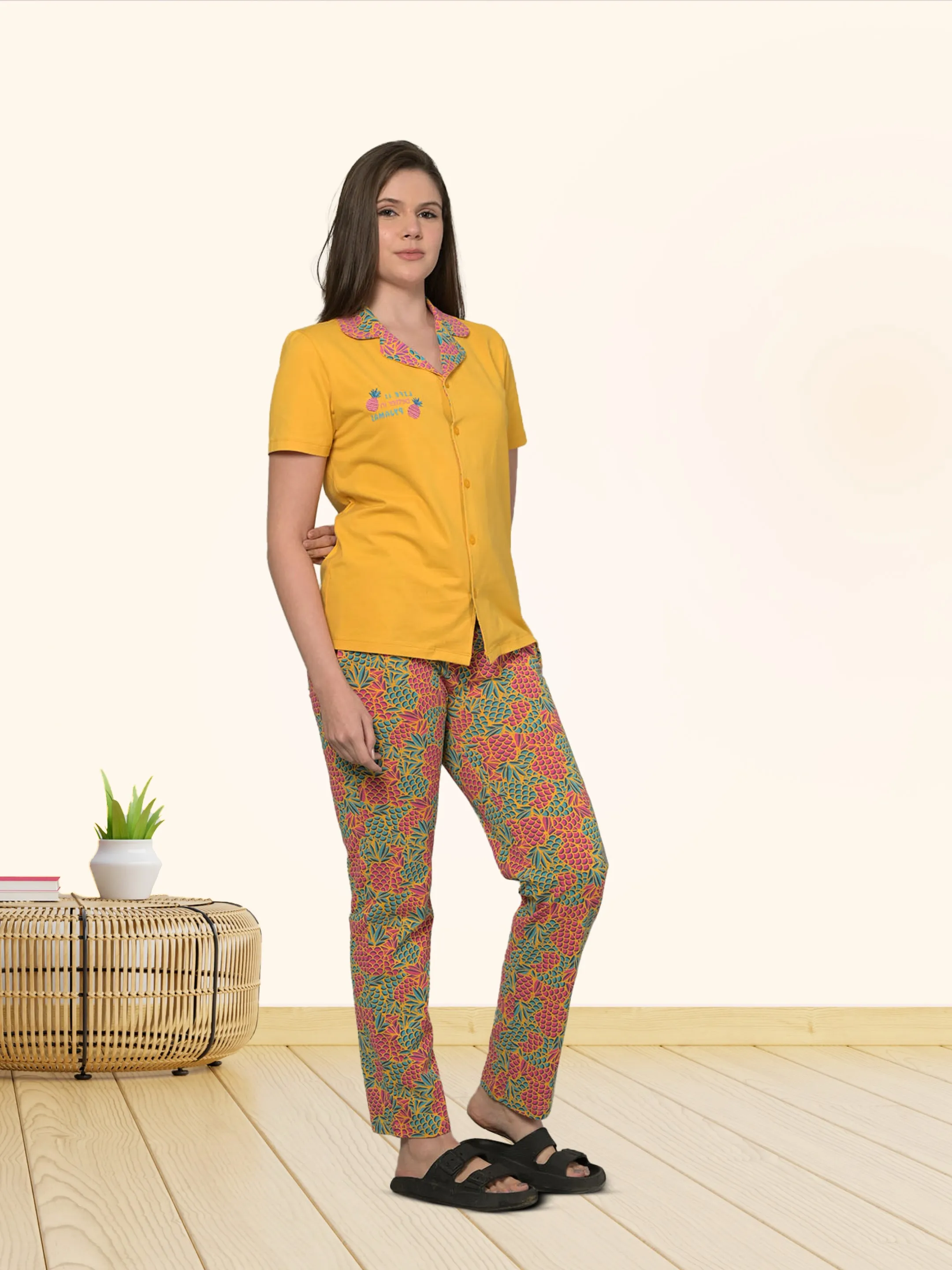 Orange Solid Cotton Top & Pyjama Set