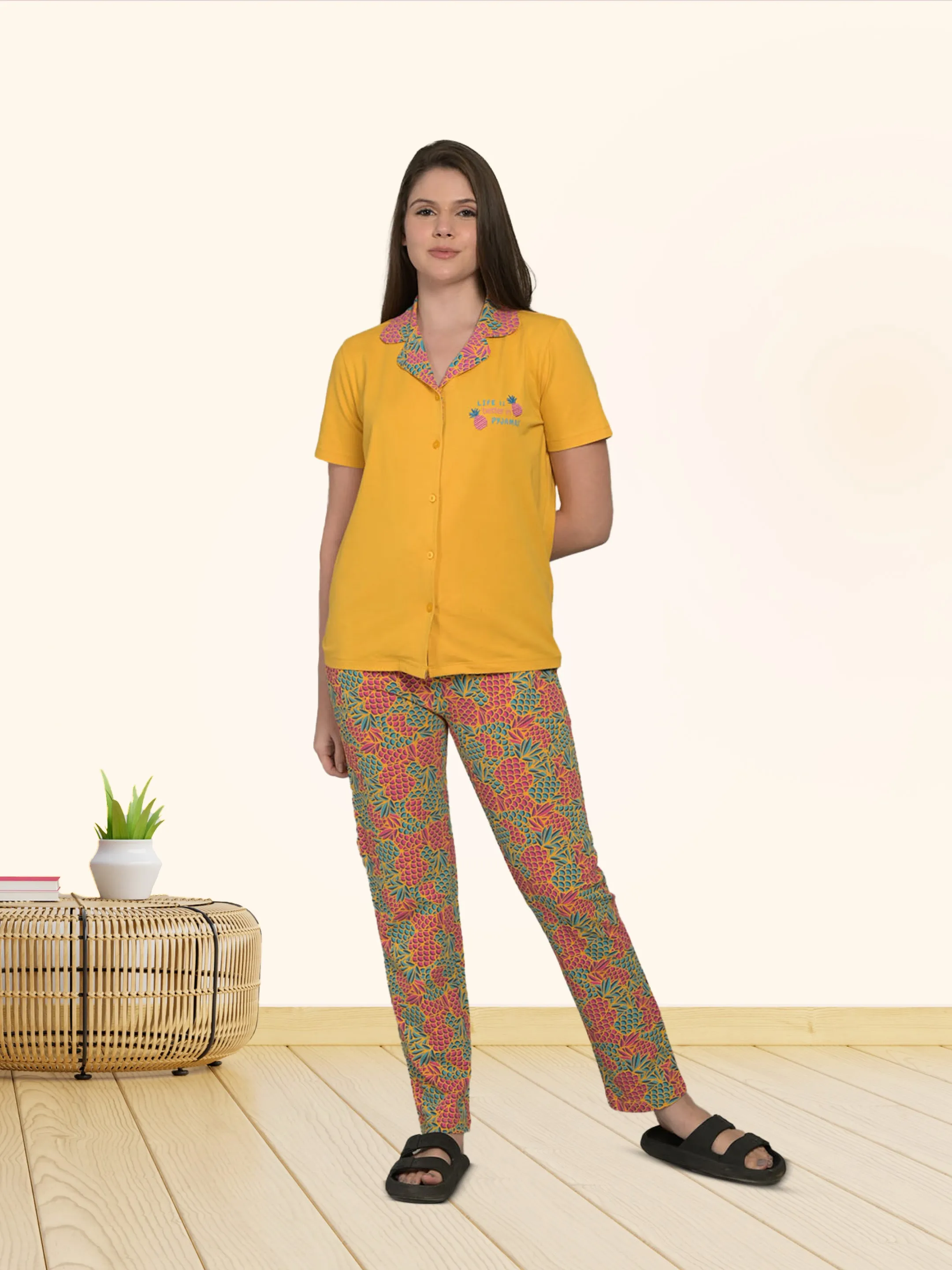 Orange Solid Cotton Top & Pyjama Set
