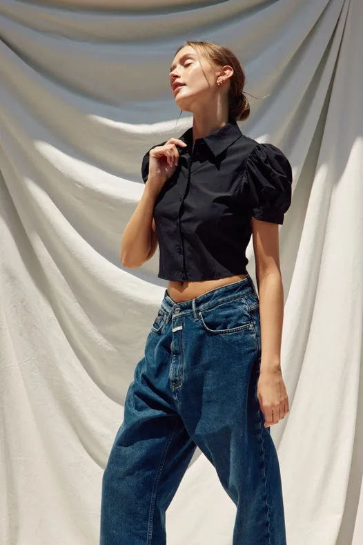 Poplin Short Puff Sleeve Blouse Black