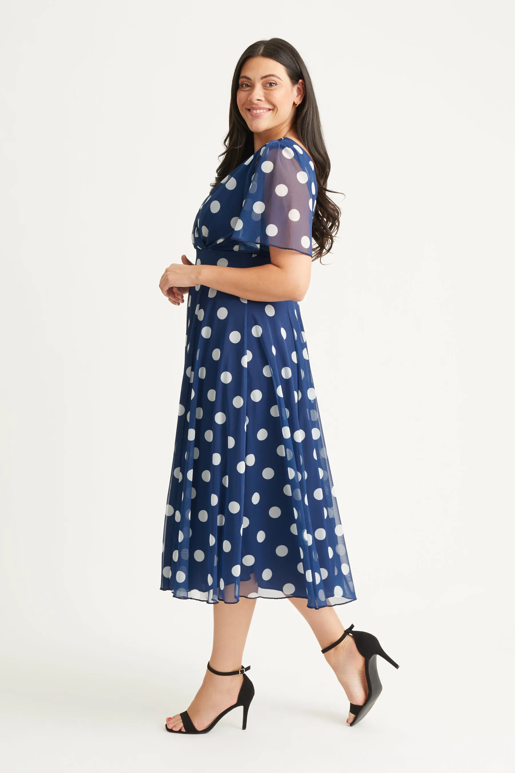Victoria Navy Spot Angel Sleeve Mesh Long Midi Dress